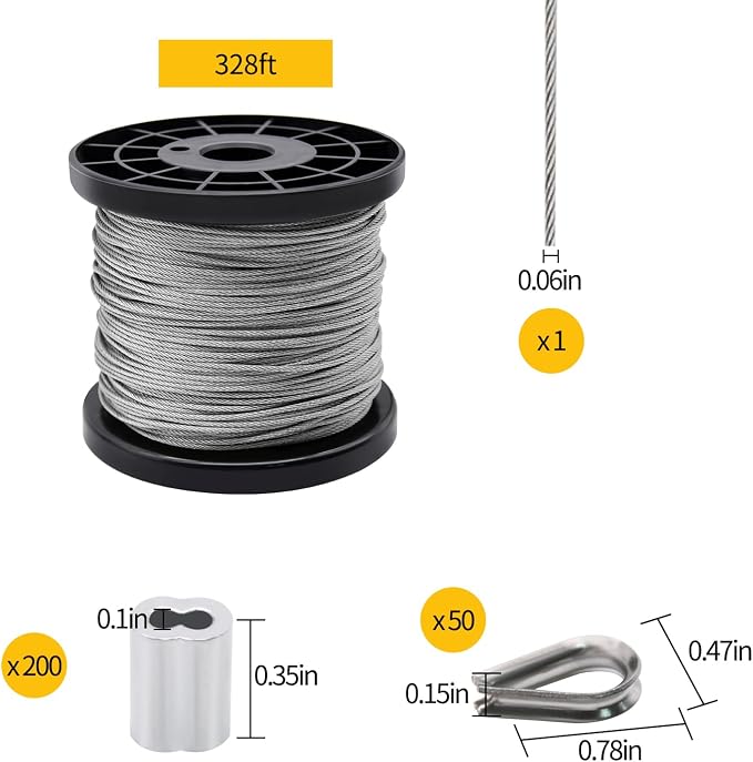 328ft 1/16" Stainless Steel Wire Rope Cable Set | for Railing, Decking, Picture Hanging