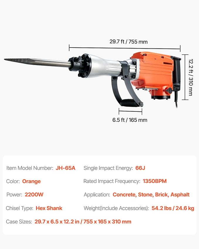 VEVOR Demolition Jack Hammer, MAX 2200W Electric Jackhammer Heavy Duty, 1400 BPM Concrete Breaker 4pcs Chisels Bit Chipping W/Case, Gloves