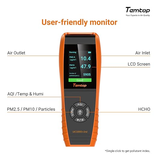 Temtop Air Quality Monitor PM2.5 PM10 Particle Counter, Formaldehyde, Temperature, Humidity, TVOC AQI Tester for Indoor/Outdoor Air Pollution Detection w/Data Export