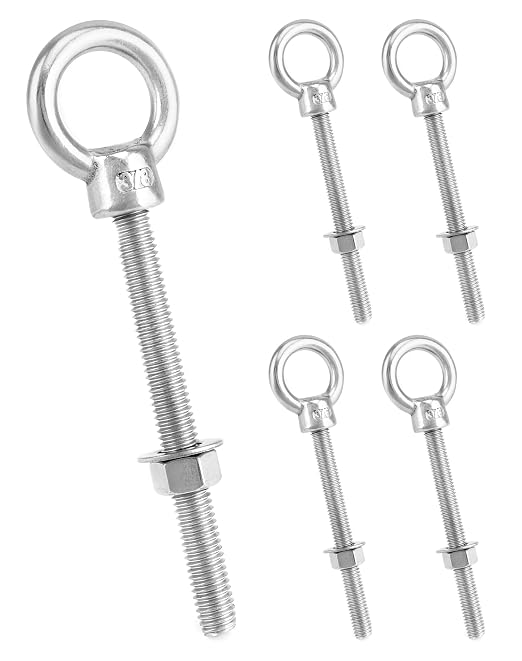 QWORK 316 Stainless Steel Machinery Eye Bolt with Shoulder, 5 Pack 3/8" x 4" Long Stainless Steel Marine Grade Shoulder Eye Bolt, Threaded Eyebolts
