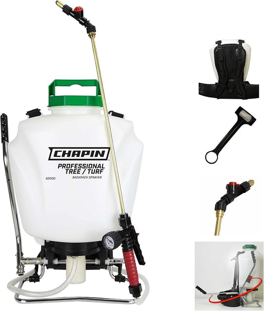 Chapin International Chapin 62000 Tree/Turf Pro Commercial Backpack Sprayer with Control Flow Valve Technology for Fertilizer, Herbicides and Pesticides, 4 gal, Translucent White