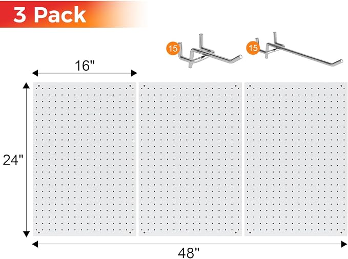 3 Pcs 24”×16”Metal Pegboard Panels, Heavy Duty Peg Boards with Hooks, Steel Organization Panels for Garden Tool Storage, Walls Home, Office, White