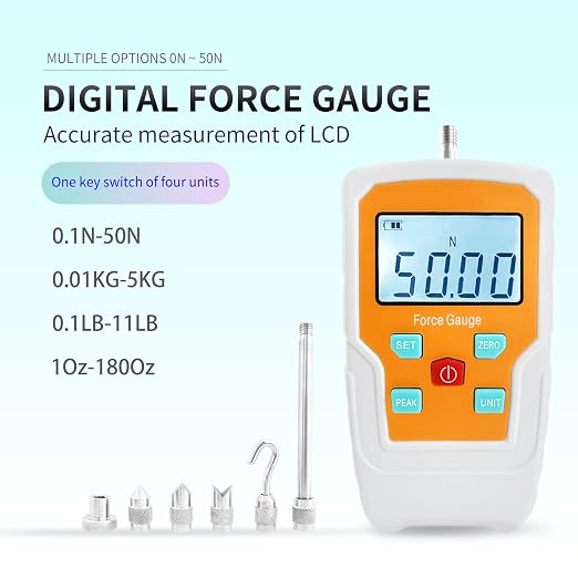 Digital Force Gauge Push and Pull Meter Dynamometer Tension Pressure Tester Thrust Meter Compression Load Plug Force Destructive Tests 50N/5kg/11lbf/180Oz