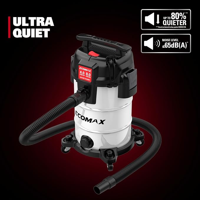 ECOMAX 8 Gallon Ultra Quiet Stainless Steel Shop Vacuum Wet and Dry | 4 Peak HP, 80% Quieter Operation, Durable Long Life Motor, Portable Vacuum for Garage, Workshop, Jobsite, Complete Accessory