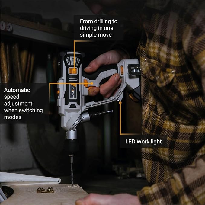 BATAVIA 20V 2-in-1 Cordless Drill Driver, Rotatable Dual Chucks for Fast Bit Swapping, Power Drill Set for Home Repairs, Cabinetry and DIY Projects, 11+1 Torque, 2-Speed, Battery and Charger Included