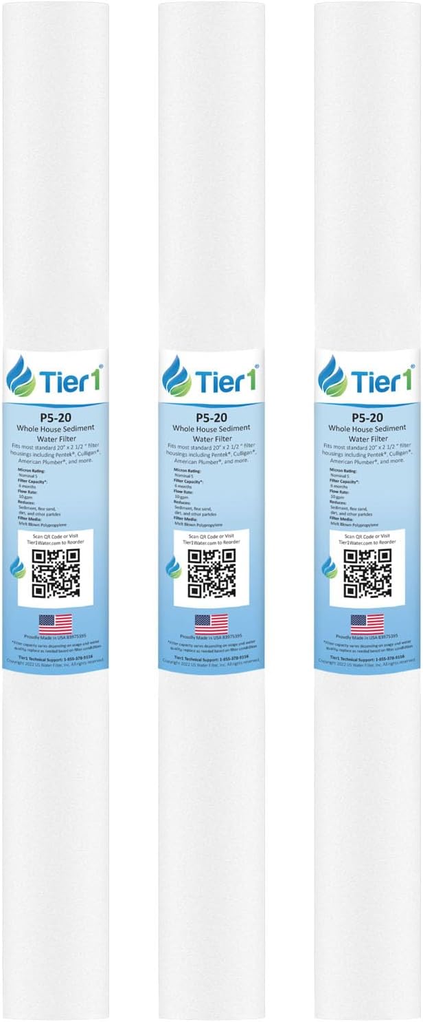 Tier1 5 Micron 20x2.5 Water Filter | Spun Wound Polypropylene Whole House Sediment Cartridge | Replacement for Pentek P5-20, 155016-43, SDF-25-2005 | 2.5 x 20 P5-20 Water Filter (3-Pack)