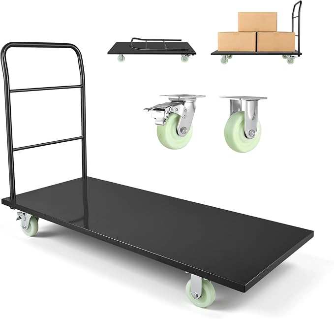 VEVOR 2000 LBS Heavy Duty Platform Truck, Upgraded Version with Larger Deck (60" x 28"), Industrial Steel Flatbed Cart with Swivel Wheels, Push Cart Dolly for Warehouse/Garage/Moving/Garden