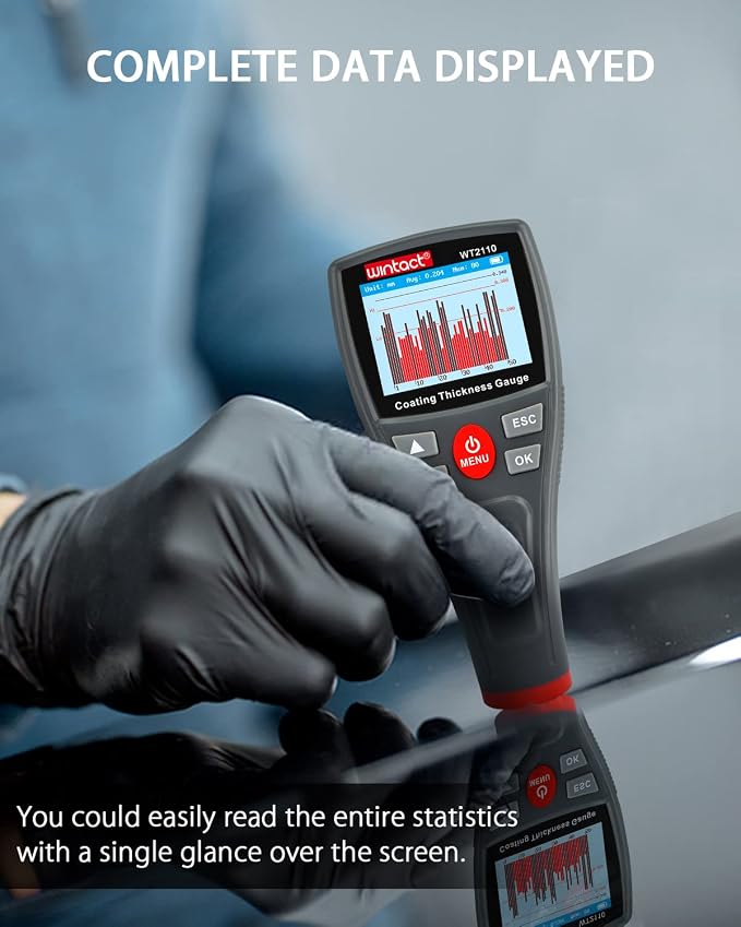 Wintact Digital Paint Coating Thickness Gauge Meter 0~1500um, 1500 Readings Storage, 360°Screen Rotation, Backlit Color Display, Chargeable, Auto-Off, Rechargeable for Cars, Industrial
