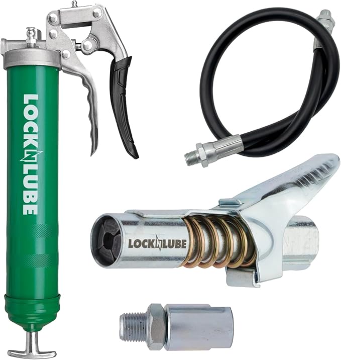 LockNLube Heavy-Duty Pistol Grip Grease Gun with our patented LockNLube® Locking Grease Coupler, 20" Hose, Inline Swivel, Rated 10,000 PSI