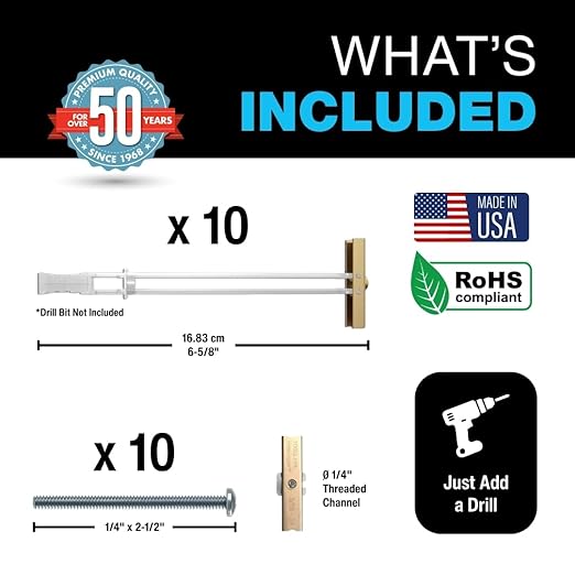 TOGGLER SNAPTOGGLE BB Toggle Anchor with Bolts, Zinc-Plated Steel Channel, Made in US, 3/8" to 3-5/8" Grip Range, For 1/4"-20 UNC Fastener Size (Pack of 10)