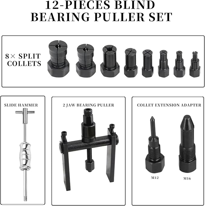 12pcs Blind Hole Bearing Puller Set Internal Bearing Extractor Puller Kit Motorcycle Bicycle Wheel Bearing Removal Tool Slide Hammer Pilot Insert Inner Bearing Puller Tool with Expanding Collet 8-32MM