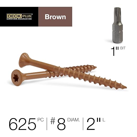 Deck Plus 2 Inch Epoxy Coated Exterior Wood and Fence Screws #8 x 2 Torx/Star Drive Included Coarse Thread, Outdoor Rust Resistant Decking Screw, Brown, 5lb Box, 625 Pieces | 49005
