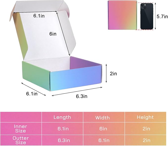 6x6x2 Shipping Boxes Small, 45 Pack Rainbow Corrugated Cardboard Mailer Boxes for Small Business, Mailing, Packaging