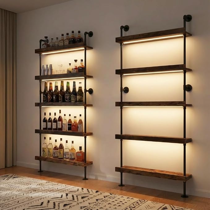 5-Tier Wall Mounted Wine Rack with LED, Industrial Pipe Bar Shelf for Wine Bottle Storage, Industrial Pipe Shelves Shelf Shelving for Home Bar Dining Room Kitchen (31.5INCH-LED)