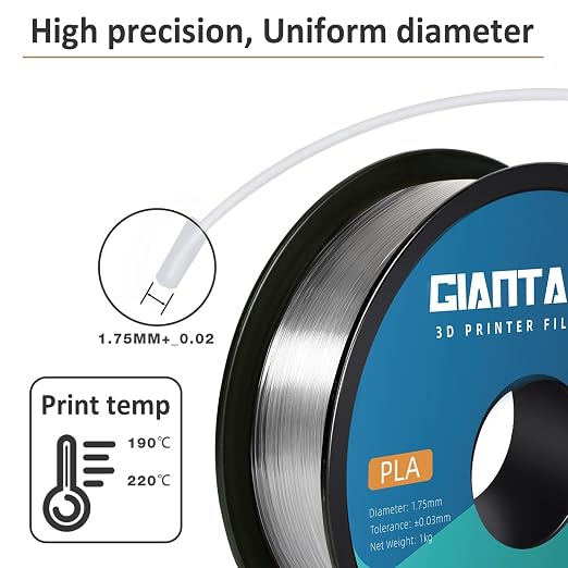 GIANTARM PLA Filament 2KG,Clear 3D Printer Filament 1.75mm,Neatly Wound Transparent PLA 2pcs 1kg Spool (2.2lbs),Dimensional Accuracy +/- 0.02 mm,Fit Most FDM 3D Printers