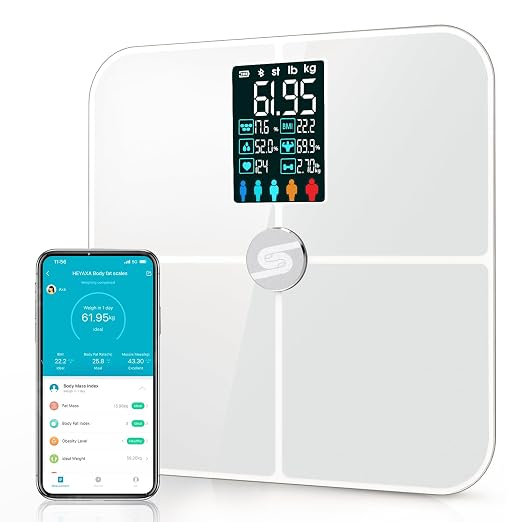 HEYAXA Smart Scale for Body Weight, Digiatl Weight Scale with Large LCD Display, 17 Body Composition Analyzer Sync to APP, Bathroom Body Fat Scale for BMI, BMR, Heart Rate, 400lb,White.