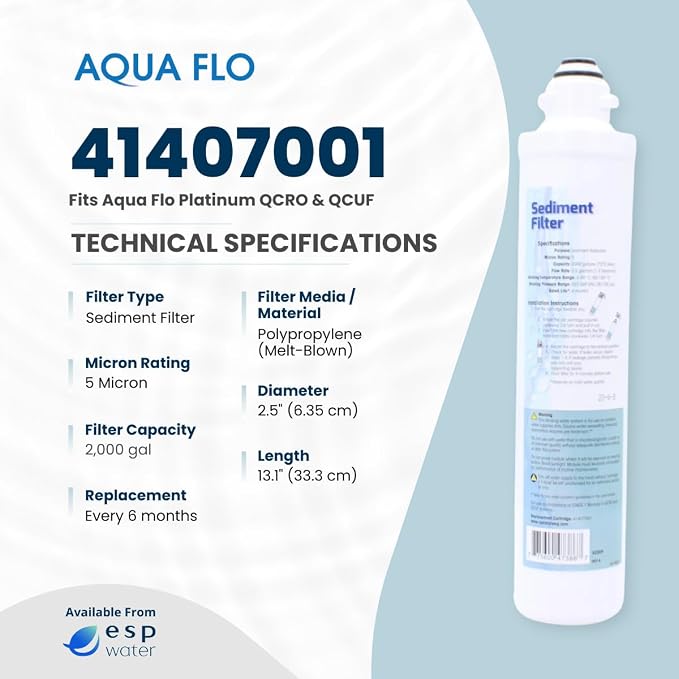 Aqua Flo 41407001 Sediment Filter – Quick Change Pre-Filter for Aqua Flo Platinum QCRO 4-Stage RO Systems – 5 Micron, High-Performance Cartridge, Easy Twist-Lock Install | For QCRO and QCUF Reverse Osmosis Under Sink Systems, Quick Change Easy Twist-Lo...