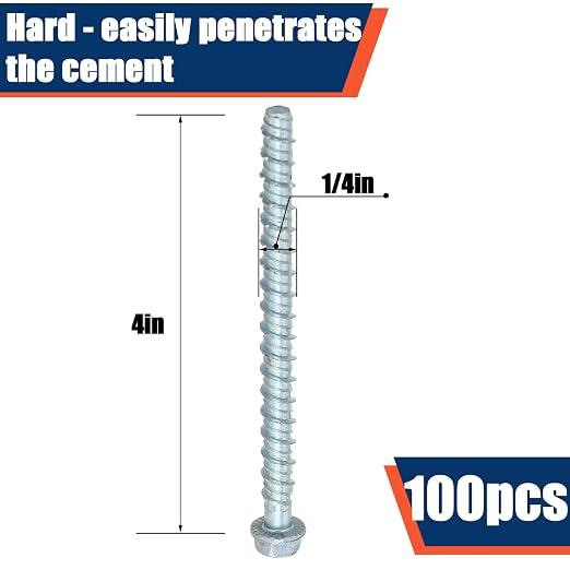 Tandefio 100 Pack 1/4 x 4 Concrete Screw Anchors Galvanized Large Diameter Heavy Duty Plated Concrete Anchors for Masonry Brick Anchoring Block Decking Framing Hex Drive