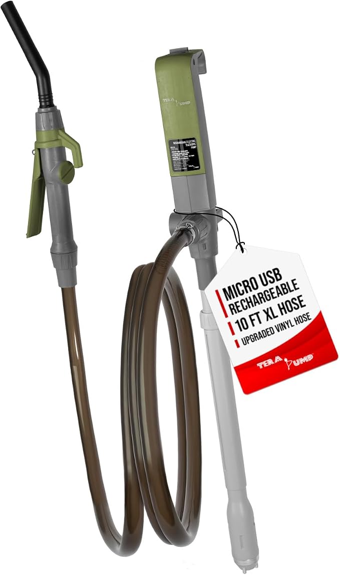 TERA PUMP Fuel Transfer Pump w/Quick Flow Control Nozzle | Telescopic Tube, Rechargeable Battery, 10FT Discharge Hose, Gas, Diesel, Water, 2.7 GPM
