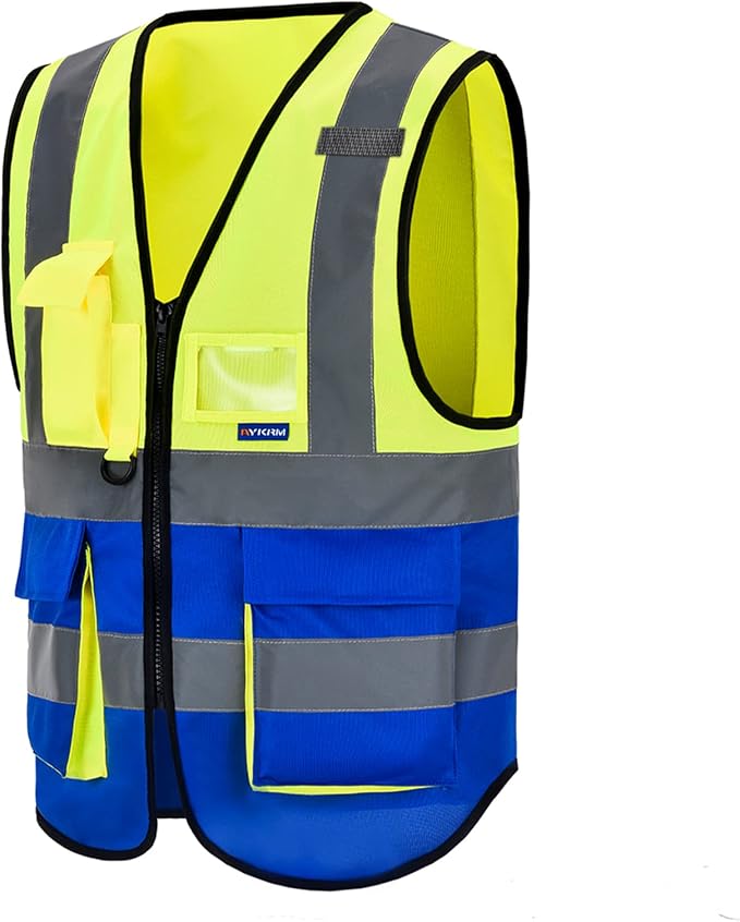 A-SAFETY yellow blue construction vest | Yellow/Blue XL safety vest with 7 pockets, reinforced pockets and front zipper for equipment teams and mechanical work.