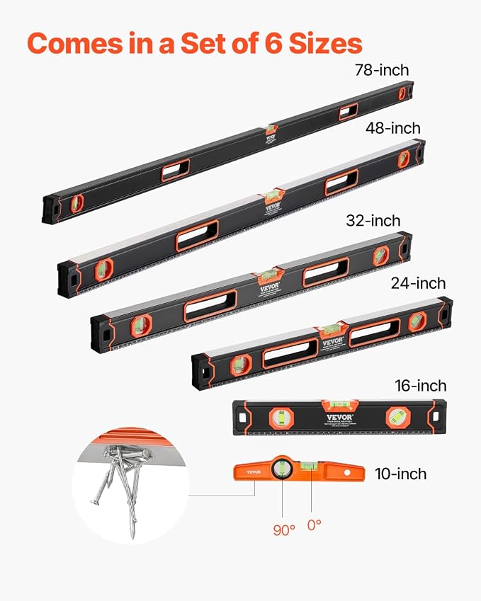 VEVOR 6-Piece Torpedo Level, 78/48/32/24/16/10 Inch Box Levels Set, Bubble Vials Ruler for 45/90/180 Degree, Shock-Proof Aluminum Alloy Magnetic Leveler Tool, SAE/Metric Scale(Only 10-inch has magnet)