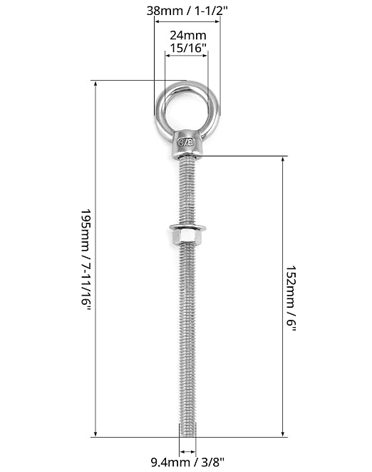 QWORK Stainless Shoulder Eye Bolts 3/8"x6", 20 Pcs Threaded Eyebolts, Fixing Kit for Wood, Metal & Outdoor Projects
