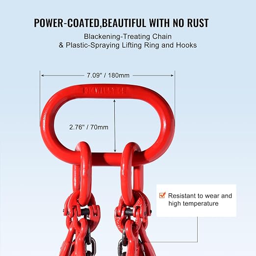 VEVOR Chain Sling, 1/4 inch x 5 ft Lifting Chains with Hooks, G80 Engine Chain Hoist Lifts, 6600 lbs/3 Ton Lifting Sling Chains for Engine Hoist, Engine Lift Chain with 4 Leg Grab Hooks and Adjusters