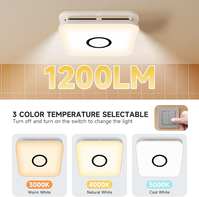OFANKU 2-in-1 Bathroom Exhaust Fan with Light, 32W Quiet Vent Fan - 130 CFM & 1.5 Sones, 1200lm LED Light - 3000K/4000K/5000K Adjustable, Easy to Install, Bathroom Fans for Home, Bath, Hotel, Etc.