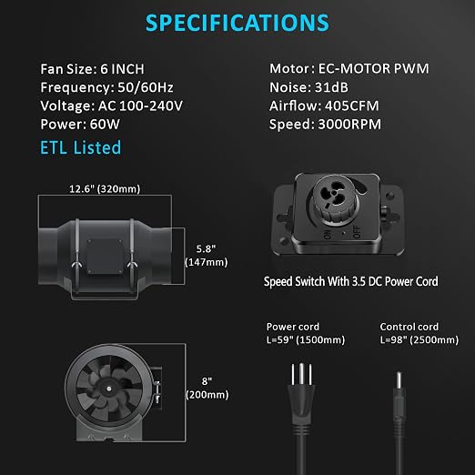 Toolazy 6 Inch Inline Duct Fan 405 CFM, Vent Booster Exhaust Fan with 0-100% Variable Speed Controller, EC Motor 31 dBA Quiet Ventilation Fan for Grow Tent, HVAC, Basement, Bathroom, Crawl Space