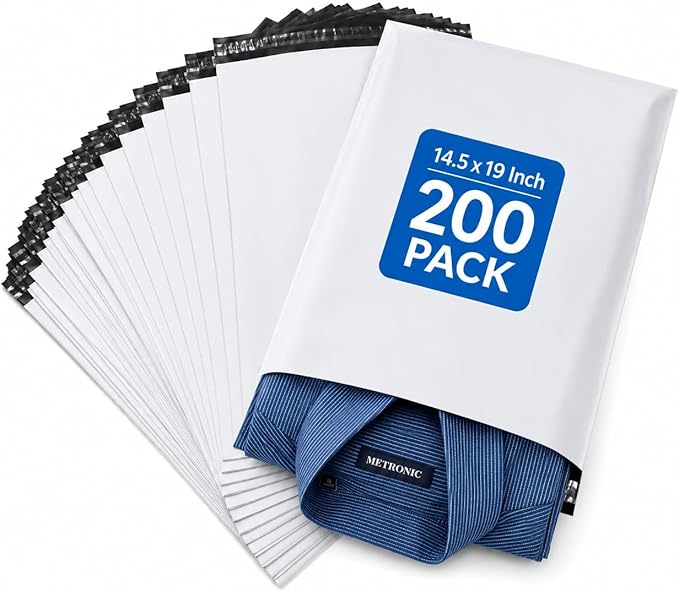 Metronic Poly Mailers 14.5x19 200 Pcs | Large Shipping Bags for Clothing | Strong Adhensive Mailing Bags for Small Business, Shipping Envelopes Bags, Tear-resistant Package Bags White