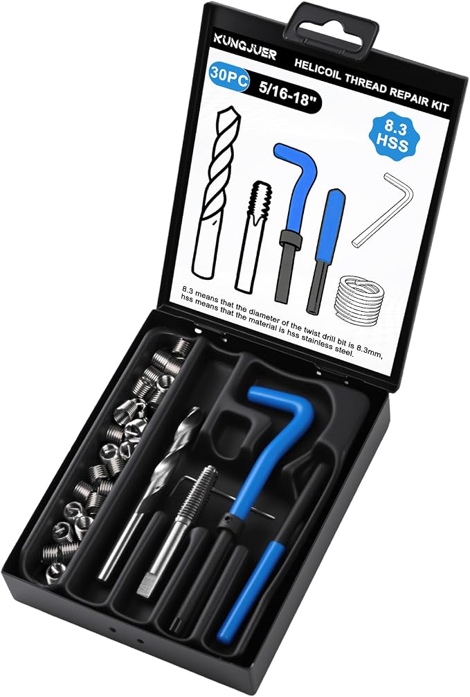 30PC SAE Helicoil Thread Repair Insert Kit, 5/16-18 inch Rethread | helicoil Thread Repair kit with HSS Drill Bits, Rethreading Inserts Tool Set for Damaged Thread Repairing with Carry Case