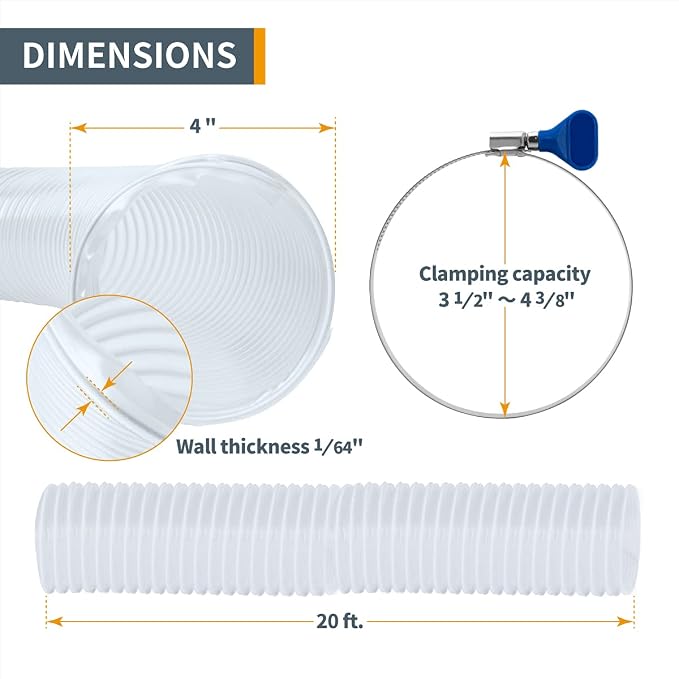 POWERTEC 4" x 20' Flexible PVC Dust Collection Hose with 5pcs Stainless Steel Key Hose Clamps for Table Saw, Band Saw, Planer, Jointer, Woodworking and Garage, Woodshop Dust Collection System (70455)