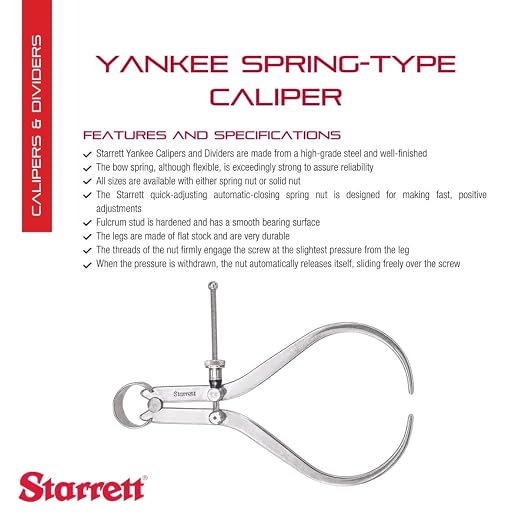 Starrett 79 Series "Yankee" Spring-Type Outside Calipers with Flat Legs and Quick-Spring Nut - Hardened Fulcrum Stud, Spring Joint Type, 6" Size and Capacity - 79B-6