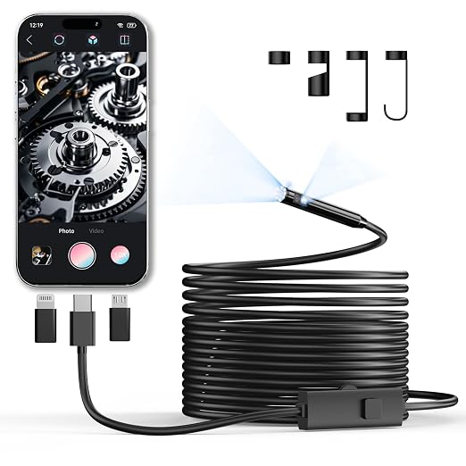 Endoscope Camera with Light, 1920P HD Borescope Inspection Camera with 8 Adjustable LEDs, IP67 Waterproof Semi-Rigid Snake Cable for Android, iPhone, and iPad(16.4ft, Dual Lens)