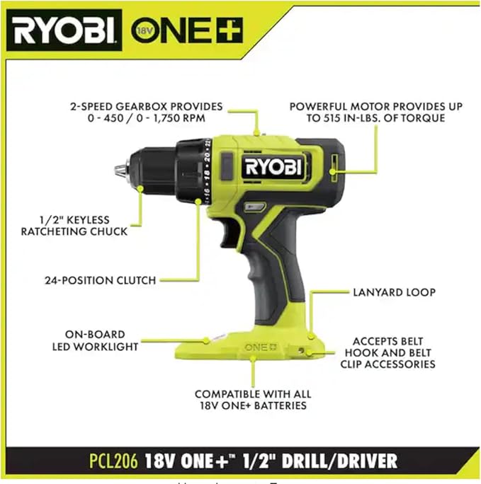 RYOBI ONE+ 18V Cordless 1/2in Drill/Driver PCL206B (Tool Only) | Battery and Charger Sold Separately