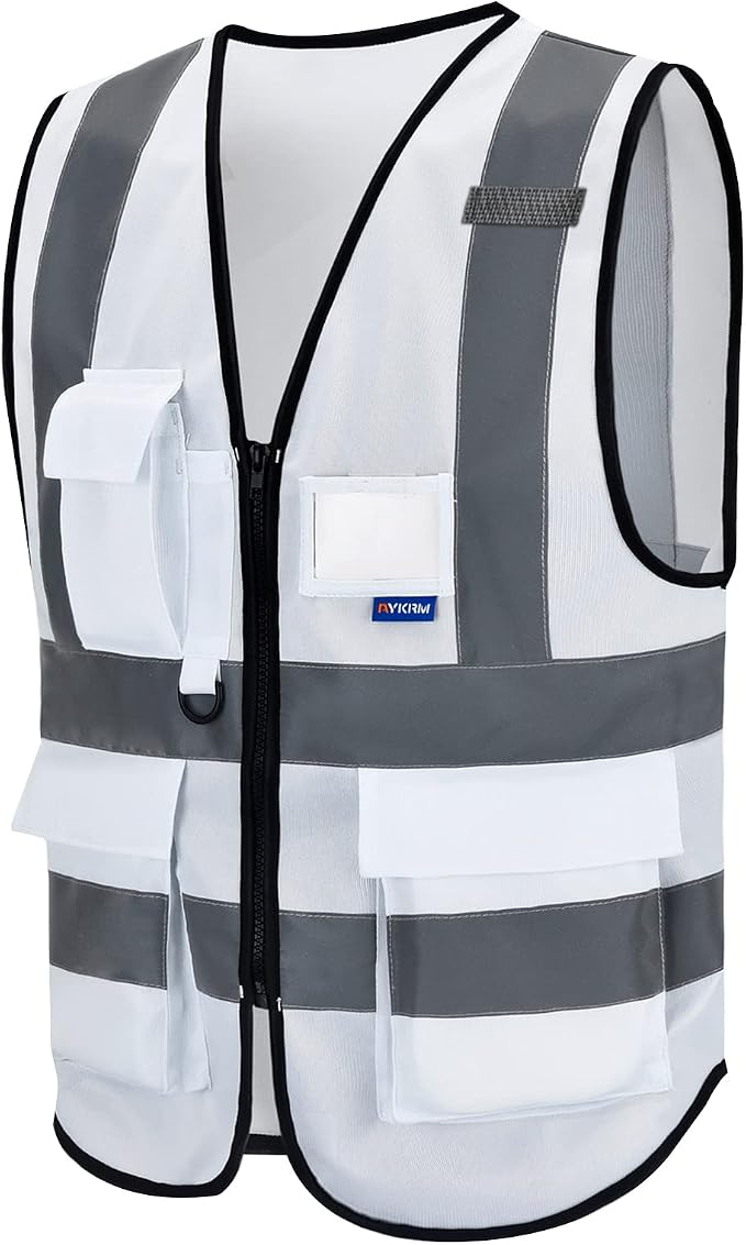 A-SAFETY Hi-Vis Safety Vest, Clear ID Holder, Front Zipper, White, 4XL-5XL | White 4XL-5XL work vest with reinforced pockets, black front zipper and clear ID holder for auditing and site management.