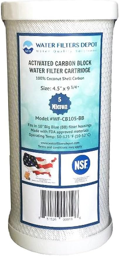 WFD, WF-CB105-BB 4.5-inch x 9-3/4-inch Activated Carbon Block Water Filter Cartridge, fits in 10-inch Big Blue (BB) filter housings (12 Pack, 5 Micron)
