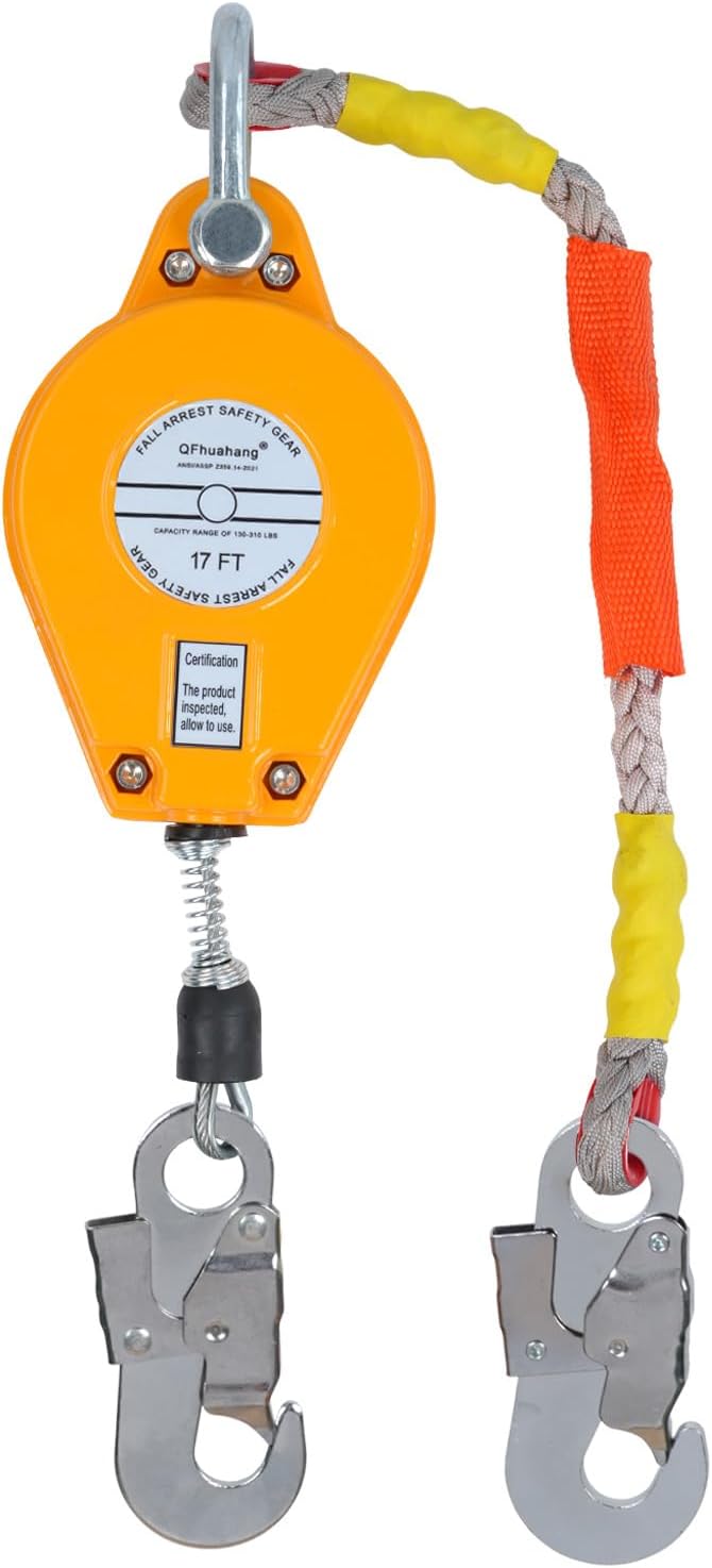 17FT Self Retracting Lifeline, Adjustable Retractable Lifeline Fall Protection Rope, Heavy Duty Retractable Lanyard, Roofing Lifelines, Industrial Fall Arrest Retractor