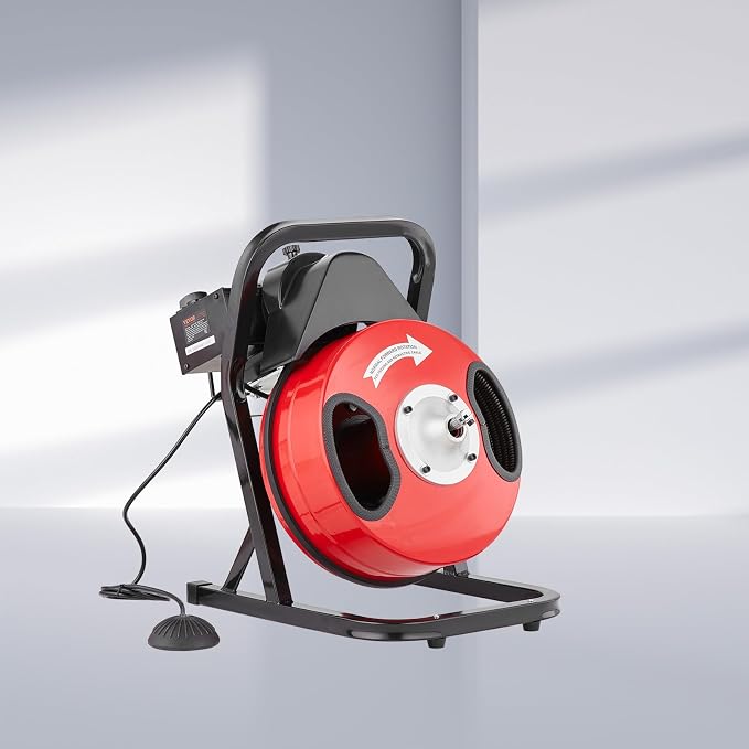 VEVOR Drain Cleaner Machine 50FT x 1/2 Inch, Manual Feed Sewer Snake Auger - with 4 Cutters & Air-activated Foot Switch for 2" to 4" Pipes