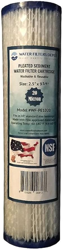 WF-PE1020 2.5-inch x 9-3/4-inch Pleated Sediment Water Filter Cartridge, fits in 10-inch standard size housings of undersink RO or filtration systems (6 Pack, 20 Micron)
