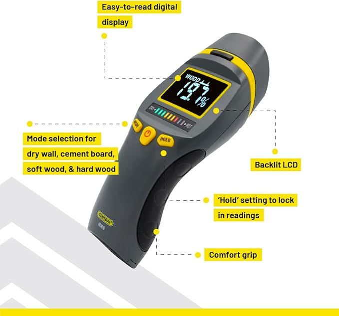 General Tools MM9 Pin & Pinless Moisture Meter – Dual Moisture Detector for Wood, Drywall & Building Materials – Digital Display, Scan & Pin Modes, Data Hold | Gift for Dad, Father’s Day Gift Idea