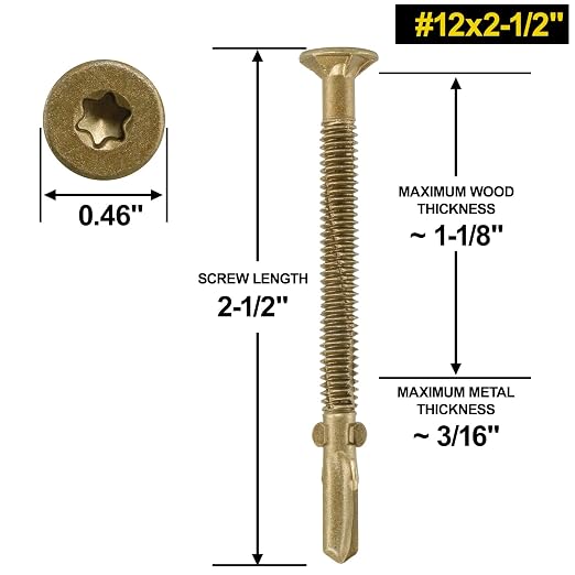 FMhotu #12 x 2-1/2" Trailer Deck Screws, Self-Tapping Sheet Wood Metal Screw, 286Pcs T25 Star Bits Reamer Tek Screws for Trailers, for Attaching Wood to Steel