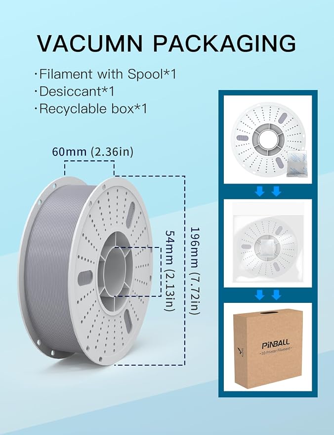 PINBALL PETG 3D Printer Filament 1.75mm High Precision Durable Moisture-Proof Strong Filament Mith Better Flow Dimensional Accuracy +/- 0.02mm Suitable for Most FDM 3D Printers 1 Kilogram Grey