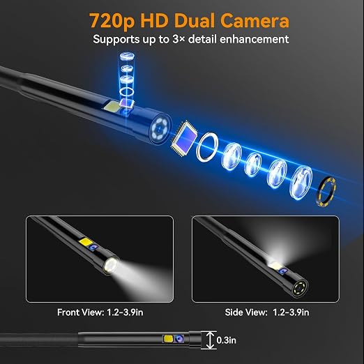 US18-UD80 Articulating Borescope with Dual Lens, 5” IPS Screen, 8 LED Lights, 3-Level Brightness, IP67 Waterproof Oil-Resistant Inspection Camera with 8GB for Pipe & Machinery