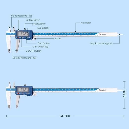 Dasqua 12”/300mm Digital Caliper, Stainless Steel Precision Measuring Tool with Advanced Dual Chip, Large LCD, Resolution 0.0005”/0.01mm, Accuracy ±0.0012”/0.03mm
