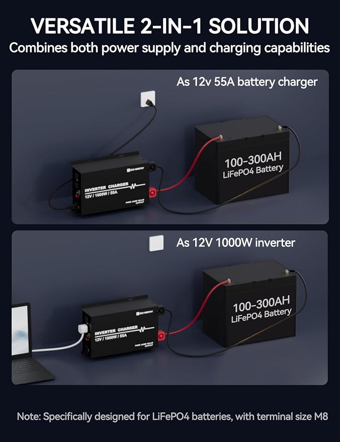 ECO-WORTHY 1000W Pure Sine Wave Inverter Charger, Power Inverter with 55A LiFePO4 Battery Charger with 20ms UPS,12V to 110V for RV Home Roadtrip Essentials Deep Cycle Rechargeable Battery