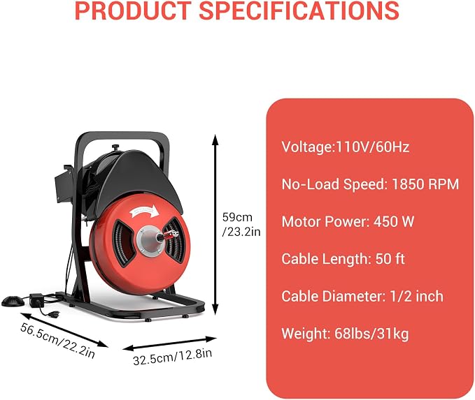 50 FT x 1/2 Inch Drain Cleaner Machine, Sewer Snake Electric Cleaning Machine with Wheels for 2" to 4" Pipes, Plumbing Power Augers Cleaner with 6 Cutter and Foot Switch for Sewer, Sink, Toilet