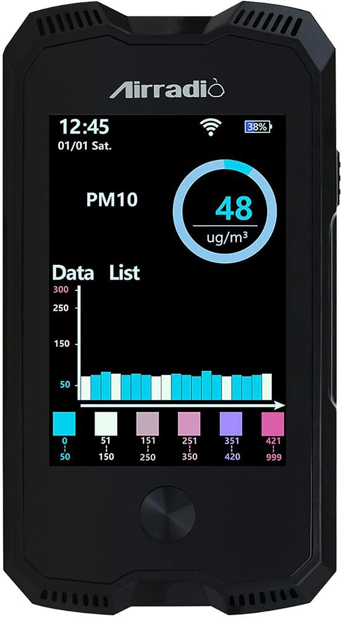 AirRadio Air Quality Monitor Meter A6 Carbon Dioxide Detector Air Quality Pollution Tester for CO2 PM2.5 PM10 Temp Humidity in Indoor Air Quality Meter with Electrochemical Sensor,Black