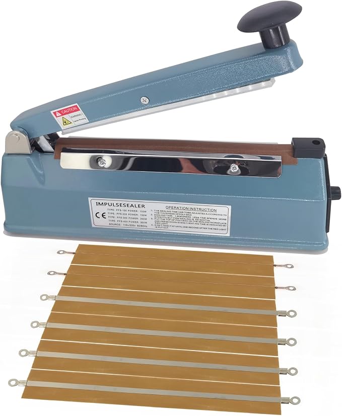 8 Inch 5mm Impulse Heat Sealer Machine for Plastic Mylar Bags, Metal Shell, with 6 Replacement Parts (including 2 Cutting Lines)