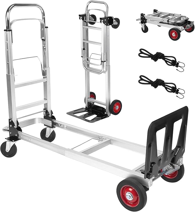 Aluminum 3-in-1 Folding Hand Truck, 500Lbs Heavy Duty Dolly Cart with 2 Large 6-Inch Quiet Rubber Wheels, 2 360° Swivel Wheels, 2 Bungee Cords, Portable Dolly for Home, Office, Warehouse, Packages